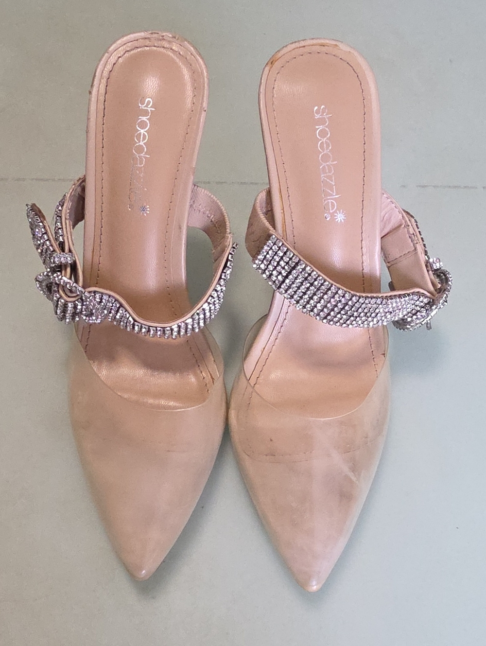 Shoe Dazzle Blush Pointed-Toe Rhinestone Strap Mules